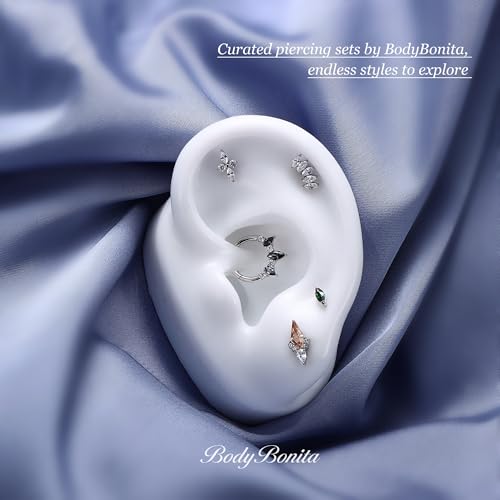G23 Titanium 16G Tragus Conch Piercing Jewelry Flat Back Stud Earrings | Hypoallergenic CZ Nose Dangle Helix Medusa Lip Labret Body Piercing Jewelry, 14K Gold Plated, Silver, 6 and 8 mm Post Length - color: Majesty-Titanium