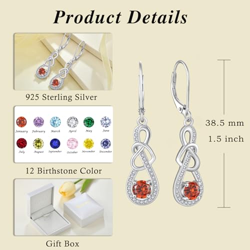 Dangle Drop Earrings for Women 925 Sterling Silver Heart Infinity Leverback Earrings Birthstone Jewelry Gifts for Women Wife Girlfriend Mother Daughter Her - color: 01 January - Garnet