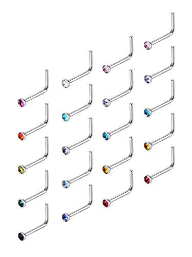 Mudder 20 Pieces Curved Nose Stud Stainless Steel Nose Ring Crystals L Bend Nose Screw Piercing, 20 Gauge - color: Classic Colors