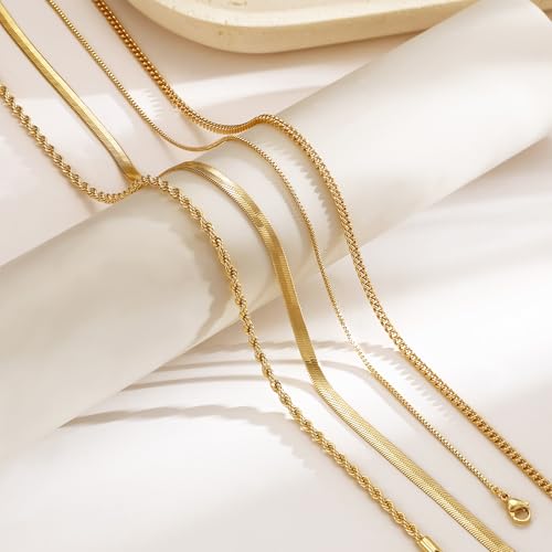 Tewiky Layered Necklaces for Women 14k Gold Plated Chain Necklace Set | Chunky Herringbone/Snake/Rope/Box/Cuban Link Chain for Women, Layering Stack Choker Necklace, Dainty Jewelry Set Non Tarnish - color: 4 Layered Necklace Gold