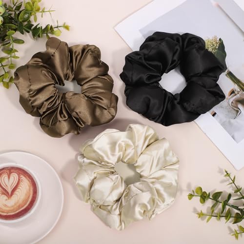 3 Pcs Large Satin Scrunchies, 6 Inch Hair Ties For Thick Curly Hair | Sleepy Hair Tie, Self-Care Gifts, Soft Padded Satin, Hair Scrunchies, Reduces Frizz and Pulling, for Thick or Fine Hair - color: Brown Series