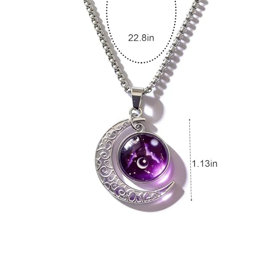 Stainless Steel Mens Necklace 12 Zodiac Moon Galaxy Pendant Necklace,22.8 Inch Stainless Steel Chain, 1.13 Inch Aries/Pisces Celestial Crescent Moon Star Sign Charm Jewelry - style: Gemini(5.21-6.21)