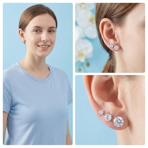 5 Pairs Stud Earrings for Women, Hypoallergenic Cubic Zirconia Silver Black 316L Surgical Stainless Steel Rainbow CZ Earrings Set 3-7mm - color: 5 Pairs Silver+Clear CZ