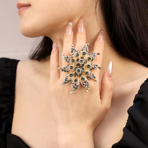 Elegant Big Crystal Flower Ring for Women Gold Rhinestone Floral Rings Open Finger Adjustable Crystal Flower Statement Ring Jewelry for Bridal Wedding - color: Flower 2 - grey