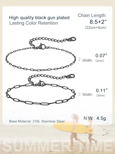ChainsPro Stainless Steel Waterproof Anklet for Women, Adjustable Non Tarnish Layered Anklets, Trendy Dainty Cuban Link Ankle Bracelet Beach Jewelry Gifts for Swimming & Daily Wear (8.5+2 inches) - style: 2pcs-Style-A-Black