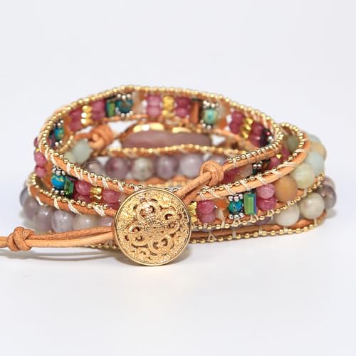 Women Wrap Bracelets Boho Natural Stone Jasper Turquoises Strand Bracelet Jewelry Collection - color: Pink
