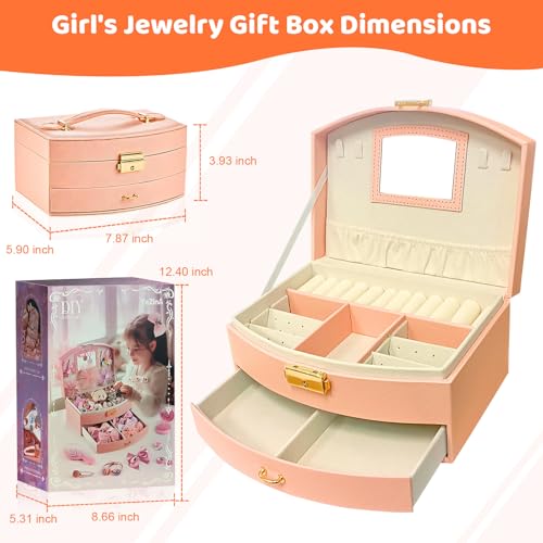 Kids Jewelry Box with Hair Accessories for Girls, Storage Organizer Case with Display Lid & Drawer, Hair Clips Barrettes Bows Hair Ties, Rings & Necklace Set for Girls Age 3-12