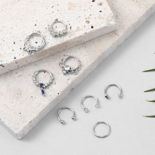 8pcs Surgical Steel Septum Piercing Jewelry 16G Septum Rings Septum Rings | Silver Butterfly CZ Horseshoe Nose Lip Ring for Women Men 8mm 10mm