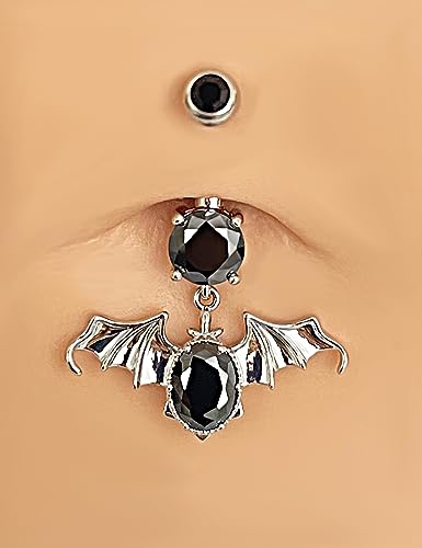Belly Button Ring Dangle, Cross Belly Button Ring, Navel Piercing | 316L Surgical Steel, AAA+ Cubic Zirconia, Nickel-Free, Hypoallergenic, Multi-Style, 14 Gauge 10 mm Screw On Piercing Stud - style: Dangling Black Bat