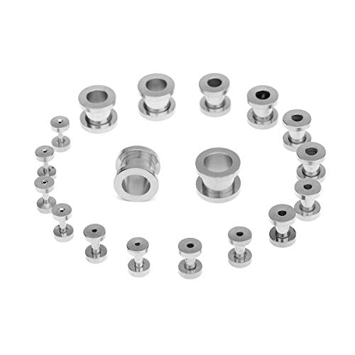 18PCS Ear Tunnels Kit Stainless Steel Screw Fit 14G-00G Gauges Plugs Set Double Flared Stretcher Expander Body Piercing Jewelry - color: Silvertone