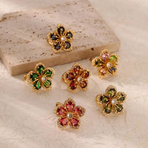 Gold Flower Ring for Women Trendy Silver Flower Statement Ring Adjustable Minimalist Rings Jewelry - color: Gold, style: Crystal Flower C