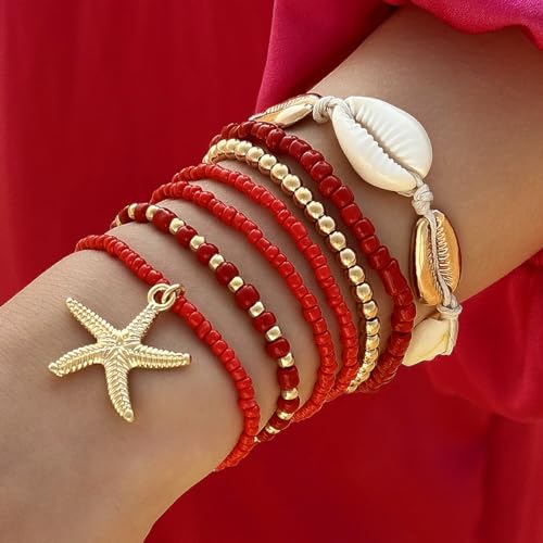 Bohemian Stackable Shell Beaded Ankle Bracelets for Women Colorful Boho Multi-Layer Seashell Gold Starfish Adjustable Handmade Braid Bracelet Summer Beach Holiday Accessories Gifts - color: Red