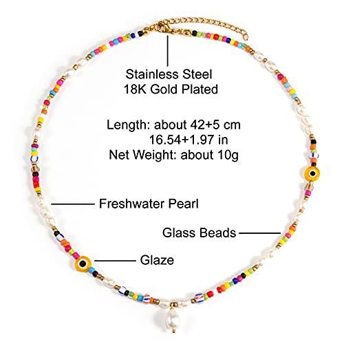 Wellike Freshwater Pearl Beaded Necklace for Women Handmade Boho Colorful Glass Beads Choker Necklace Stainless Steel 18K Gold Plated Bohemian Women Summer Jewelry Gifts - color: KKWX1150