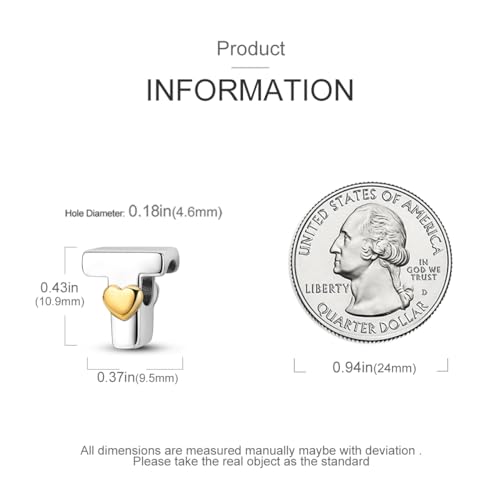 925 Sterling Silver Letter Charms A-Z for Bracelet Necklace Alphabet Bead | Heart letter A B C D G J charm initial gold Pendant beads Jewelry Gift for Women - color: Letter T