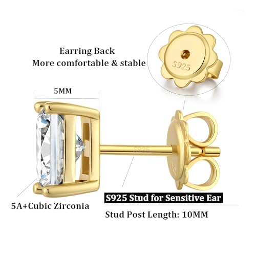 925 Sterling Silver Cubic Zirconia Stud Earrings for Women/Men Hypoallergenic Stud Earrings 4MM-8MM - style: E: Square Stud-Yellow