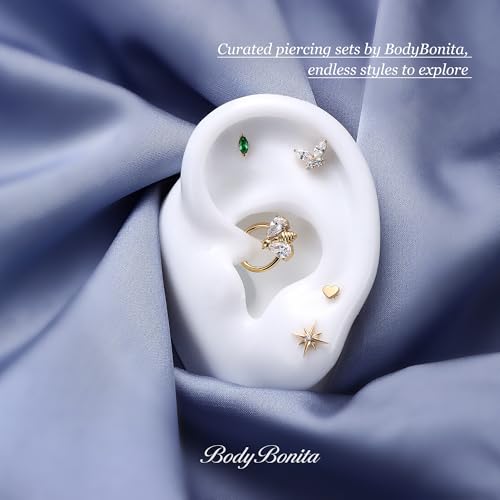 G23 Titanium 16G Tragus Conch Piercing Jewelry Flat Back Stud Earrings | Hypoallergenic CZ Nose Dangle Helix Medusa Lip Labret Body Piercing Jewelry, 14K Gold Plated, Silver, 6 and 8 mm Post Length - color: Heart-14K Gold