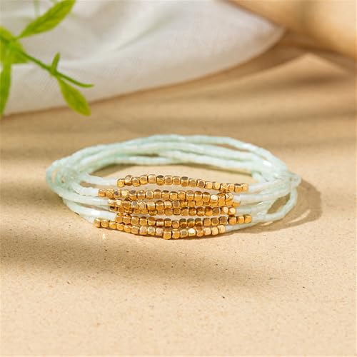 Boho Stackable Seed Beaded Bracelet Set for Women Colorful Multilayered Gold Beads Stretch Bracelets Summer Beach Bohemian Jewelry Gift - color: Light Green