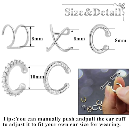 5 Pcs Thin Chunky Ear Cuff Earrings for Women 14K Gold Plated Brass Ear Cuffs Non Piercing Trendy Clip on Cartilage Earrings Cubic Zirconia Fake Piercings Earrings Jewelry - color: Style A,Thin Silver