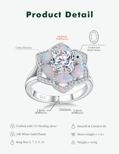 Flower Engagement Promise Ring Sterling Silver Birthstone Rings for Women Sapphire/Emerald/Ruby Gemstone Six Leaf Clover Statement Cocktail Ring Size 6 to 10 - style: 10. October-Created Opal