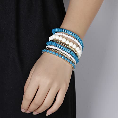 LUREME Boho Multi Strand Stackable Stretch Bracelet Set Wooden Cube Alloy Bead Bangle bl003172 - color: Blue