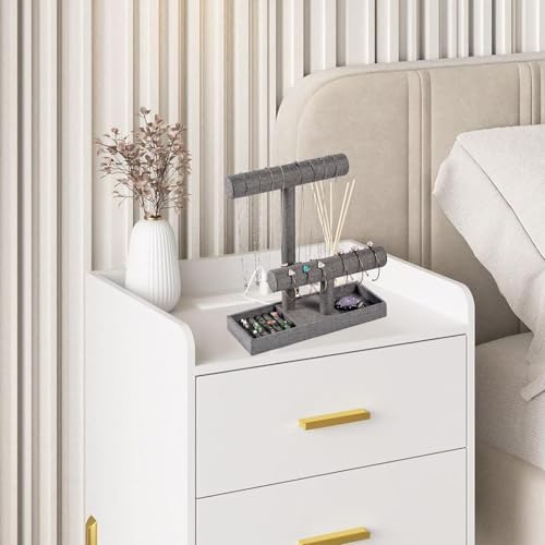Coward 2 Tier Necklace Bracelet Holder Organizer with Ring Tray, Linen Jewelry Display Stand for Watch Scrunchie Lipstick, Perfumes,Nail polish (Gray Linen) - color: Gray