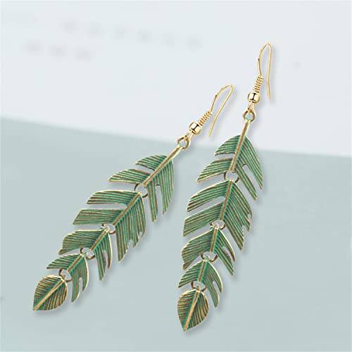 Handmade Boho Vintage Green Bronze Lightweight Statement Leaves Earrings with Detailed Texture Drop Dangle Earring for Women Floating Feathers Chain Earrings Jewelry Gifts