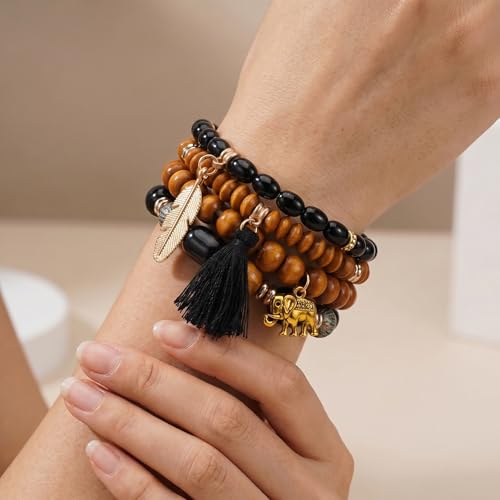 Boho Wooden Beads Bracelets Bohemian Bracelet Stack for Men Women Wood Beaded Bracelet Set - color: S