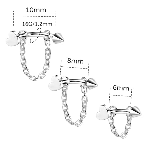 3 Pcs 316L Stainless Steel 16G Tragus Helix Rook Piercing Jewelry with Chain, Cartilage Earrings for Women, Belly Button Ring Vertical Labret Lip Piercing Jewelry - color: Silver, size: Heart