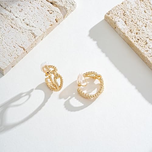 Clip on Earrings for Women Silver and Gold Plated Twisted Rope Hoops Non Pierced C Hoop Earring Lightweight Two Tone Clips Mixed Metal Jewelry Gifts - color: Eternity Hoop-gold