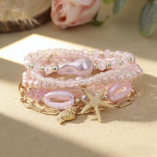 Boho Stackable Beaded Bracelet Set, Pink, Starfish Shell Pearl Charms, Elastic Handmade Layered Stretch Bracelets, Summer Beach Holiday Jewelry for Women - color: Pink D