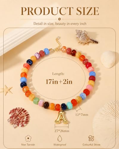 Colorful Chunky Beaded Necklaces for Women Bubble Letter Initial Choker | Boho Statement Bead Necklace, Personalized Rainbow Gemstone Necklaces, Baublebar Gold Necklace Stack, Summer Beach Jewelry - color: Initial E