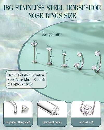 18G Horseshoe Nose Rings for Women Internally Threaded Flat Back Earrings | Labret Stud Hypoallergenic Surgical Steel Double Gem Nose Rings with CZ Helix Tragus Septum Lip Nostril Piercing Jewelry Set - color: Silver