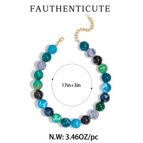 Chunky Beaded Choker Necklace for Women Boho Statement Necklace with Large Pearl Blue Brown Tone Resin Beads Summer Beach Jewelry Gifts - color: Blue-A