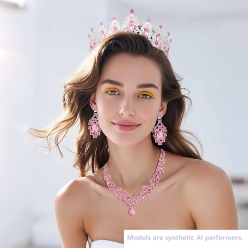 Kamirola Bridal Wedding Tiara Crown Jewelry Set for Women/Brides/Bridesmaids Crystal Jewelry Set for Wedding Prom Party Bridal Crystal Necklace Earrings Bracelet Set(TR60) - color: Silver Pink
