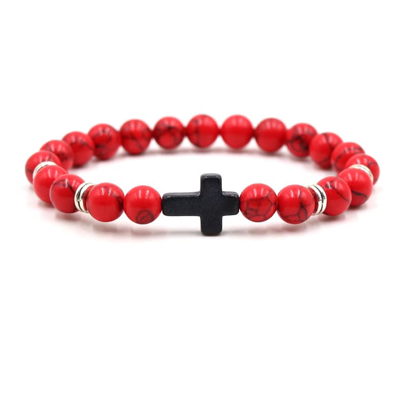 8MM Ornament Lava Volcanic Stone Beads Turquoise Cross Elastic Stretch Bracelet Religion Bangle for Women Men - color: 3pcs C