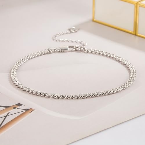Dankadi 925 Sterling Silver Anklets Bracelet Women/Men Waterproof Simple Durable Chopin Chain/Cuban Link/Figaro/Box/Twist Rope Chain For Beach Foot Jewelry Gift - color: 4MM Cuban Chain, size: 27cm