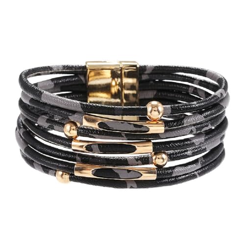 Layered Leopard Leather Wrap Bracelets Boho Leopard Multi-Layer Crystal Beads Cuff Bracelet Jewelry for Women - color: Black