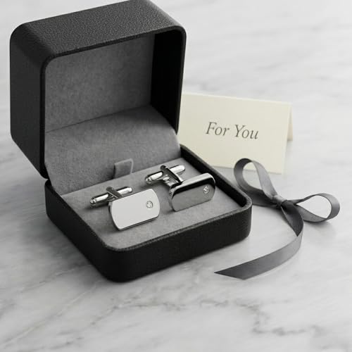 Men’s Stainless Steel Satin Diamond Rectangle Cuff Links with Bullet Back Closure, Hand-Set Conflict Free Diamond Rounded Cufflinks, Hypoallergenic 316L Polished Formal Jewelry Gift for Men