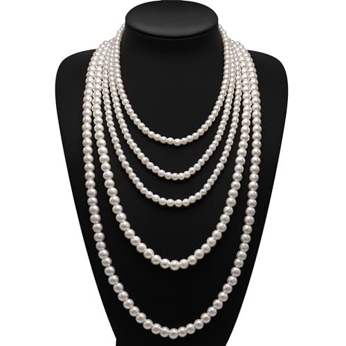 Long Pearl Necklaces for Women Cream White Faux Pearl Strand Layered Necklace Costume Jewelry - color: 2PCS Cream White(6MM+8MM)