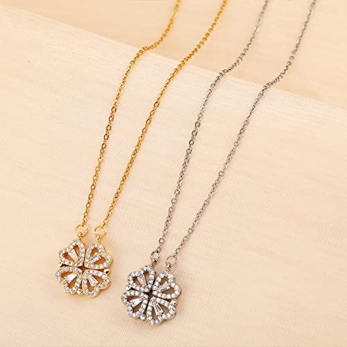 Four Leaf Clover Necklace Foldable for Women,925 Sterling SIlver Bling zircon stone Four Heart Grass Women's Necklaces Crocker ,Retro Magnetic Folding Love Heart Pendant One Style,Two Wearing Methods - color: Silver