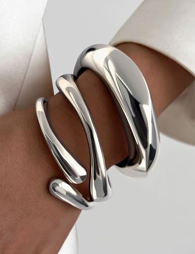 Chunky Gold Bangle Bracelets for Women, Dainty 14k Gold Plated Big Stackable Bangles Set, Trendy Statement Cuff Bracelet Stack Fashion Jewelry Gifts - style: A1-silver