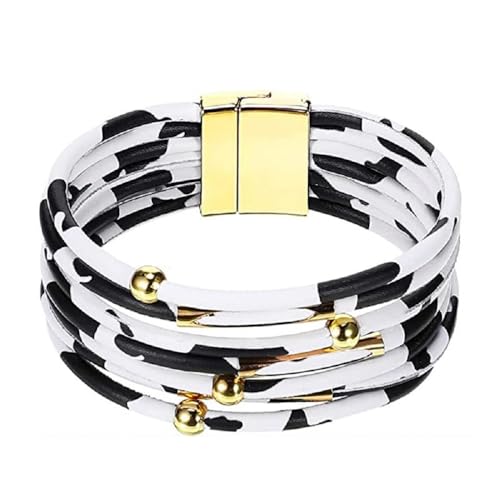Layered Leopard Leather Wrap Bracelets Boho Leopard Multi-Layer Crystal Beads Cuff Bracelet Jewelry for Women - color: Black & White