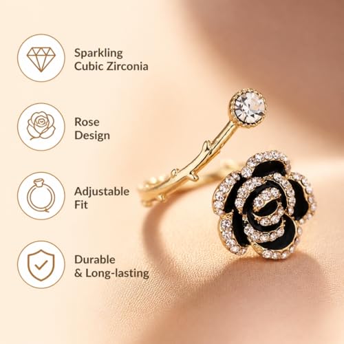 Flower Open Statement Rings for Women, Exquisite Cubic Zirconia Sterling Silver Stacking Ring Adjustable Open Ring,Fashion Jewelry Gifts,Suitable For Women Daily and Wedding Wear, Gifts For Your Wife - color: Black