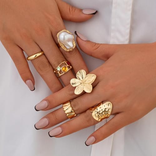 Chunky Gold Gemstone Ring Set for Women Adjustable Stackable Statement Rings Punk Geometric Turquoise Minimalist Jewelry - style: style L