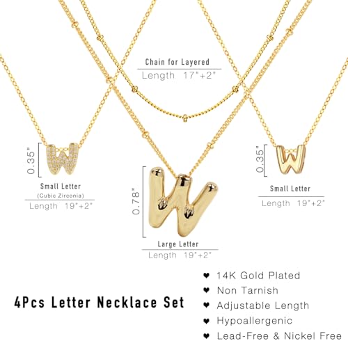 stino 4PCs Bubble Initial Letter Necklace Set, No Tarnish 14K Gold Plated Alphabet Pendant, Jewelry for Women - style: W