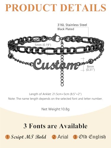 Custom4U Custom Name Anklet Bracelets for Women Waterproof Beaded/Figaro/Cuban/Rope/Wheat Chain Anklet Stackable Gold Plated Non Tarnish Custom Beach Gift Barefoot Summer Jewelry for Her - color: C03-Black Figaro Chain