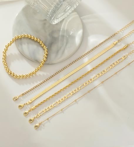 Gold Bracelets for Women 14K Gold Plated Stack Trend Bracelets Charm Paperclip Chain Cuban Link Layered Waterproof Bracelet Dainty Bracelet for Women Jewelry Gifts - color: 6Pcs Beaded Gold