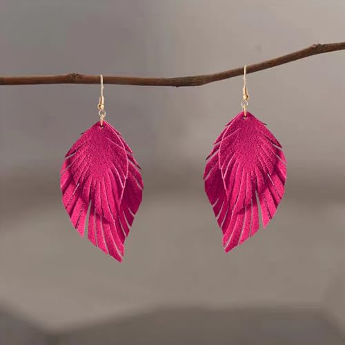 Handmade Bohemian Large Soft Genuine Leather Fringe Double Feather Dangle Drop Earrings Lightweight Simple Color PU Leaf Hook Earrings for Women - color: Rose Red