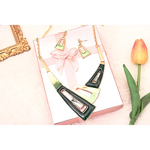 SFE Irregular Enamel Triangle Shape shell Collar Bib Bohemian Boho Statement Necklace Earrings Fashion Costume Jewelry Set for Women - color: Green-Gold Plated