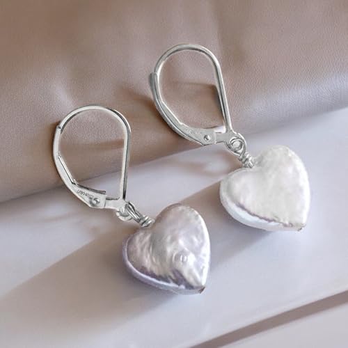 LILY LUSTRE 14k Gold Plated/Filled 925 Sterling Silver Handpicked AAAA Quality Natural White Freshwater Cultured Heart Shaped Pearl Huggie Hoop/Leverback Drop Dangle Earrings for Women - color: Silver Lever Back